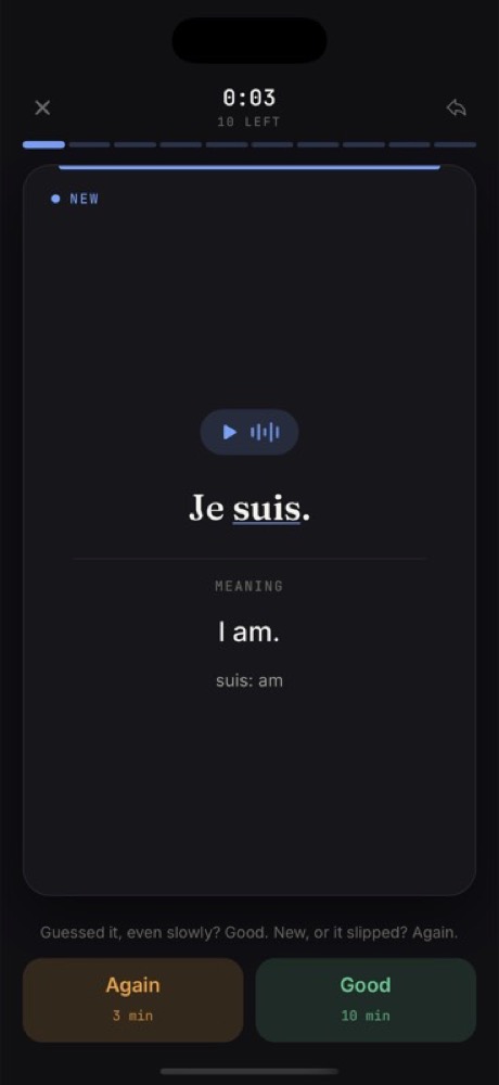 Flua — a single spaced-repetition card with native audio.